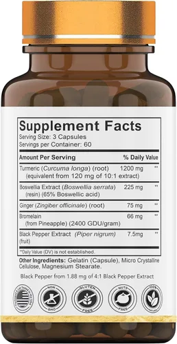Vista 2 de tnVitamins Turmeric & Boswellia Complex (180 cápsulas) con raíz de jengibre, bromelina y extracto de pimienta negra Fórmula Joint-Easy: potente