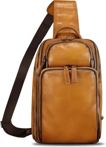 Vista 2 de Bolso bandolera de cuero genuino para hombres y mujeres, mochila bandolera de cuero vintage para iPad Pro de 11 pulgadas
