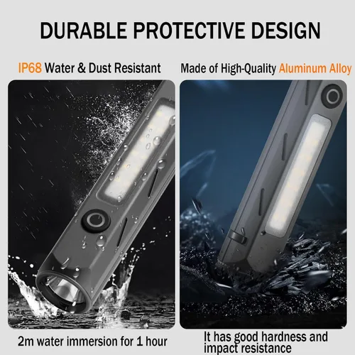 Vista 6 de Linterna EDC recargable -1600 lúmenes linterna de bolsillo USB C linterna con clip base magnética, luz LED y COB, 8 modos IP68 impermeable linterna
