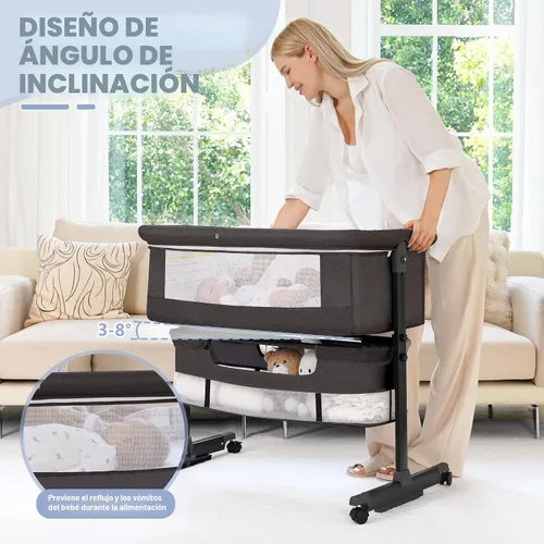 Vista 3 de Moisés para bebé, 3 en 1, para poner al lado de la cama, con ruedas, altura ajustable con modo de balanceo, malla transpirable, cesta
