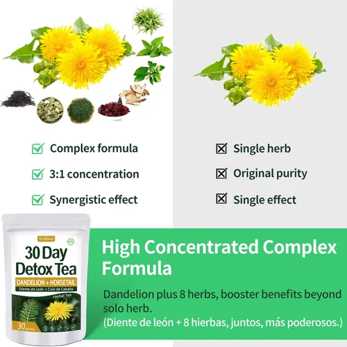 Vista 4 de Herbmood Té de desintoxicación de 30 días para limpieza corporal, Te de Diente de Leon y cola de caballo Organico Natural, Limpieza de colon