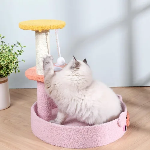 Vista 6 de Lindo árbol de gato de peluche decorativo para gatos, torre de dibujos animados, divertida plataforma de diversión, rascador de sisal natural