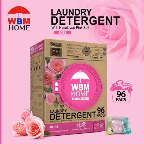 Vista 2 de WBM Home Cápsulas de lavandería 5 en 1, total de 96 unidades, ultra concentrado con potente tecnología de levantador de manchas, suavizante de tela