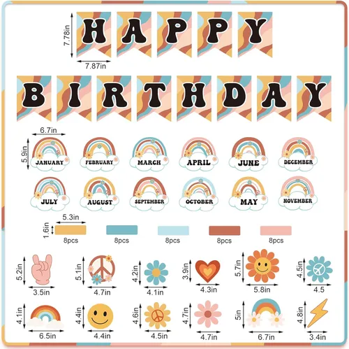 Vista 2 de Juego de 85 tableros de buletin retro para el aula, diseño de arcoíris Groovy, calendario con punta de pegamento para decoración de pared