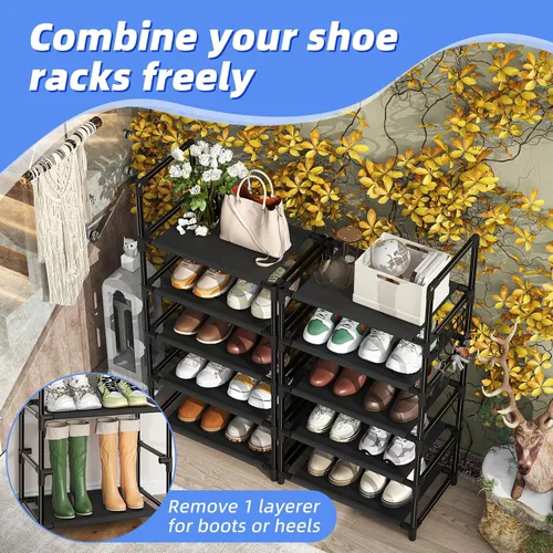 Vista 3 de Simple Trending Zapatero para armario, estante estrecho de 10 niveles con capacidad para 20 pares, organizador de zapatos con ganchos, color negro