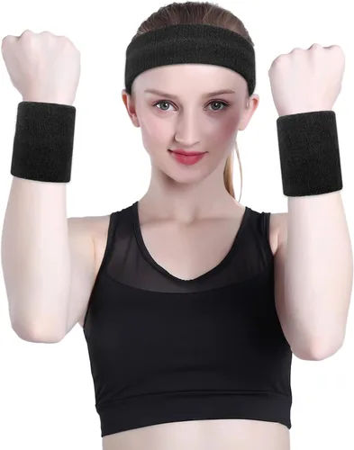 Vista 80 de ONUPGO - Conjunto de diadema y muñequeras deportivas para el sudor, hechas de algodón con bucles, muñequeras, contra humedad