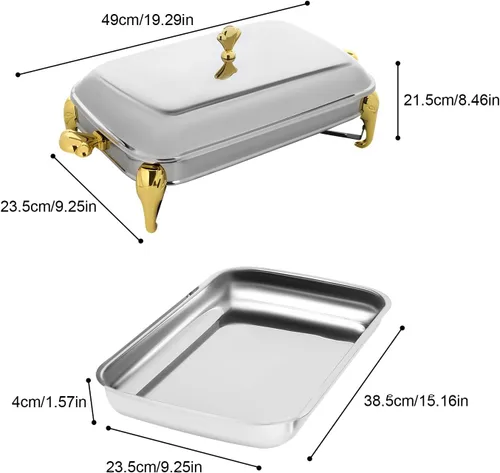 Vista 5 de Calentador de alimentos de acero inoxidable, juego de platos de bufé rectangular, estufa de buffet, juego de calentador de bufé para uso doméstico