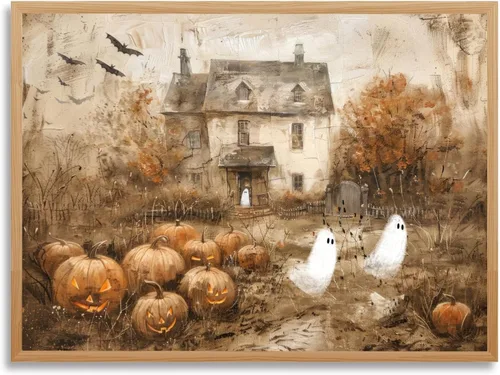 Vista 21 de Arte de pared vintage de Halloween embrujado de granja, parche de calabaza rústica con bonitos fantasmas, póster impreso en lienzo espeluznante