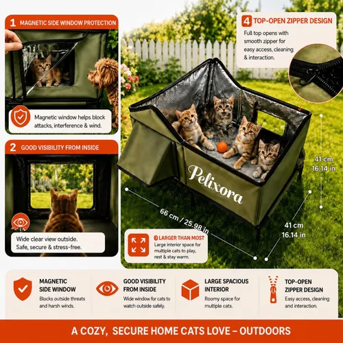 Vista 6 de Casa climatizada para gatos para exteriores, refugio de invierno aislado a la intemperie con base elevada y ventana transparente, puerta de escape