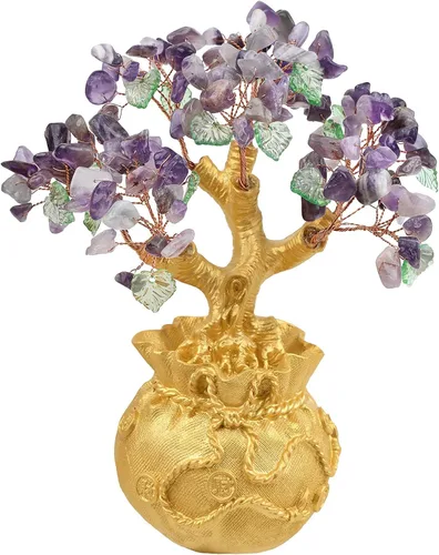 Vista 7 de Rockcloud Árbol de dinero de cristal con bolsa de dinero dorada, decoración de gabinete de Feng Shui para riqueza y suerte, adorno de bonsái