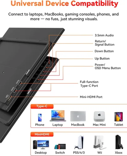 Vista 3 de HotYeah Monitor portátil, 15.6 pulgadas 1080P FHD monitor para laptop USB-C HDMI pantalla externa de computadora HDR FreeSync IPS con soporte
