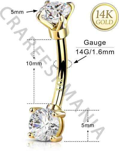 Vista 3 de CM Crareesi Mania Piercing de ombligo de oro de 14 quilates para niñas, doble circonita cúbica transparente, piercing de ombligo de oro de 0.49oz