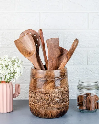Vista 3 de Mie Creations Soporte grande rústico de 7 pulgadas para encimera de cocina, organizador de espátula de cocina de madera para fiestas, organizador