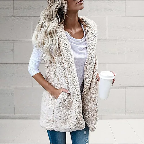 Vista 2 de Cárdigan largo con capucha para mujer, forro polar, bolsillo sólido, frente abierto, chaleco cómodo y elegante con capucha