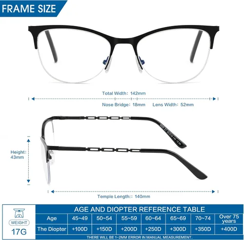 Vista 6 de Gafas de lectura multifocales para mujer, progresivas multifocales, luz azul, lector de computadora, ojo de gato, metal, medio marco, sin línea