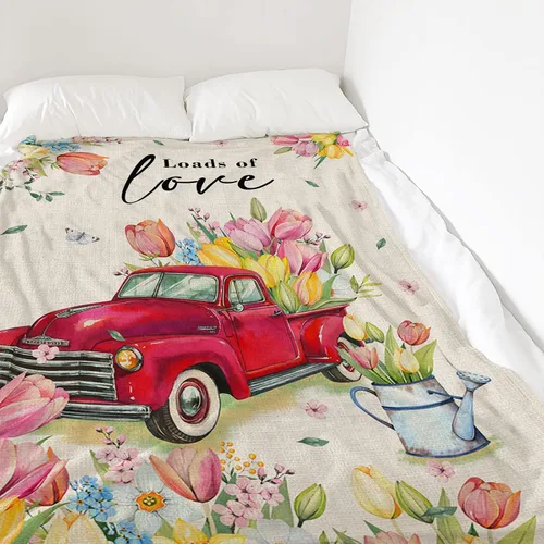 Vista 4 de Manta de Pascua de camión rojo, tulipán, manta suave y cálida, manta de franela de flores y mariposas para sofá, cama, manta para el Día