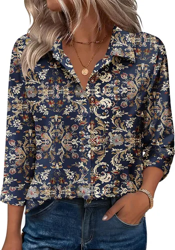 Vista 22 de Zeagoo Camisas con botones para mujer, manga 3/4, cuello en V, blusas con cuello en V, trajes casuales de negocios