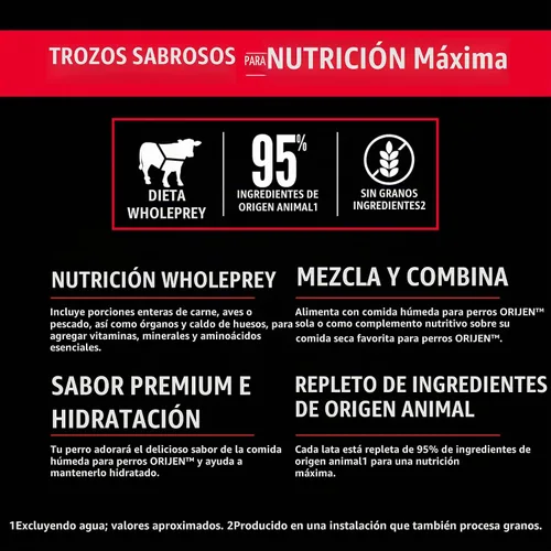 Vista 4 de ORIJEN Trituras de carne real, sin granos, estofado de Tundra, comida húmeda prémium para perros