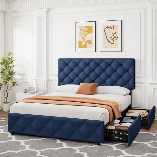 Vista 7 de GarveeHome - Base de cama tamaño Full con 4 cajones de almacenamiento, base de cama tapizada en lino con plataforma y cabecera ajustable, diseño