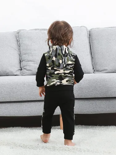 Vista 3 de Ropa para bebé niño 2 unidades sudadera con capucha clásica a cuadros con estampado de letras y pantalones de camuflaje
