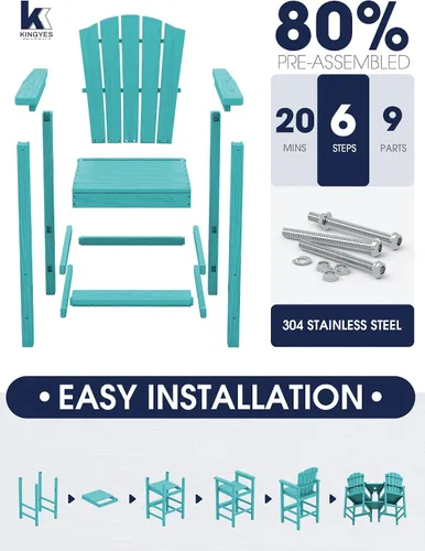 Vista 5 de KINGYES Aruba - Juego de 4 sillas Adirondack altas de HDPE con bandejas de conexión dobles, silla Adirondack de altura de barra en relieve para 2