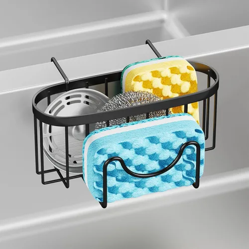 Vista 17 de HapiRm Organizador de esponja multifuncional con forma única en M, 2 métodos de instalación, organizador de fregadero de cocina, organizador