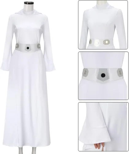 Vista 4 de MORROWIND Disfraz de mujer con capucha blanca, vestido largo con cinturón, traje de fiesta de cosplay de Halloween