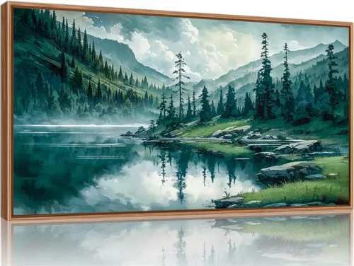 Vista 8 de Tinonedraw Arte de Pared en Lienzo Enmarcado de Paisaje de Montaña Beige, Decoración de Pared Moderna Abstracta de Mediados de Siglo, Arte de Lago