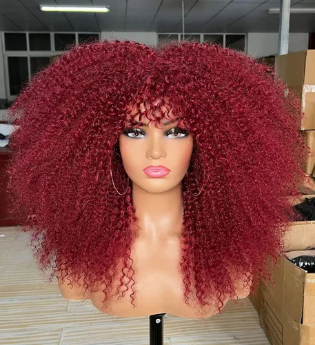 Vista 12 de Sweece - Peluca afro larga y rizada con flequillo para mujeres negras, peluca de cabello rizado de 17 pulgadas (17 pulgadas, negro)