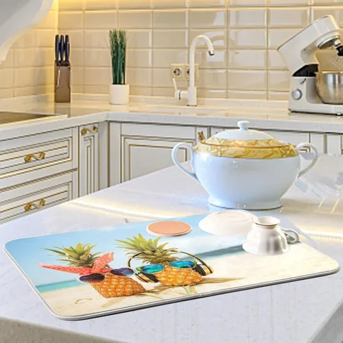 Vista 6 de Tapete de secado de platos de piña de verano divertido para decoración de fregadero de cocina, 16 x 18 pulgadas, tapete escurridor de platos junto