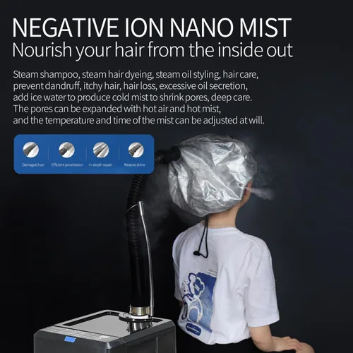 Vista 3 de Nano vaporizador de cabello, procesador profesional de microniebla aniónica con base rodante para reparación profunda del cuidado del cabello
