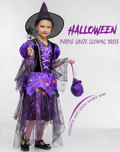 Vista 3 de Kids Girls Light-up Witch Halloween Costume Fancy Dress Set