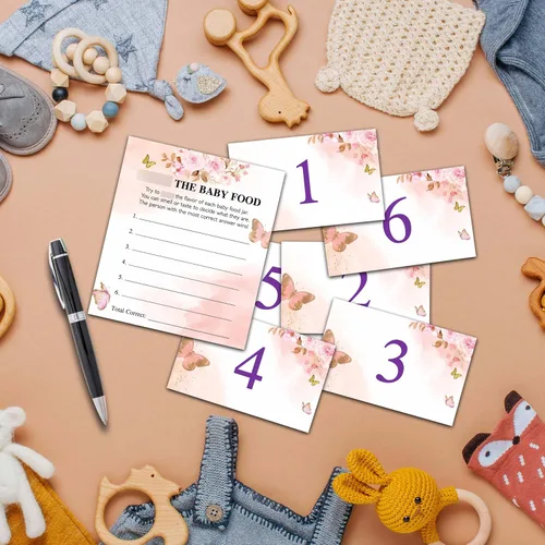 Vista 3 de Find The Baby Food Party Games, juego de mariposa para baby shower (1 letrero de pie + 20 tarjetas de respuesta + 6 tarjetas de números), color rosa