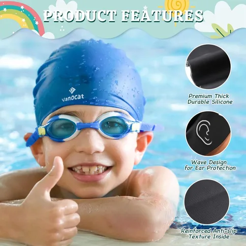 Vista 3 de 2 Pack Kids Swim Caps for Long/Short Hair, Unisex Silicone Swimming Cap for Age 3-15 Children Toddler Youth Teen, Waterproof Shower Cap Bathing Hats