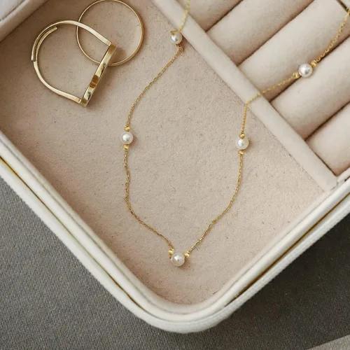 Vista 4 de Collar de estación de perlas de oro real de 14 quilates para mujer, gargantilla de cuentas de oro de 14 quilates, collar de perlas por yarda