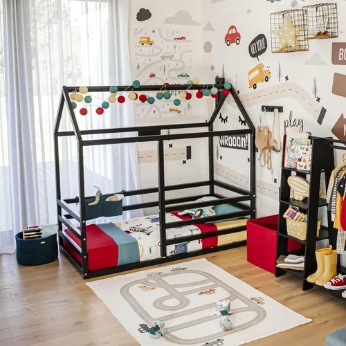 Vista 4 de Marco de cama Montessori para niños, cama de casa para niños pequeños con rieles, cama con dosel para niños, cama de día para niños, cama de cabaña