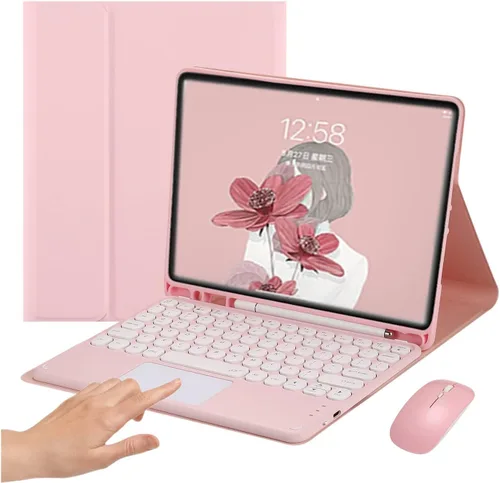 Vista 12 de Funda de teclado con panel táctil para iPad 6 iPad 5 Air 2 Pro de 9.7 pulgadas con teclado táctil retro de teclas redondas con ratón, teclado