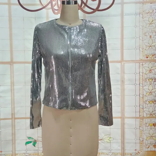 Vista 4 de Cololura Chaqueta casual de lentejuelas con frente abierto para mujer, cárdigan de manga larga con purpurina