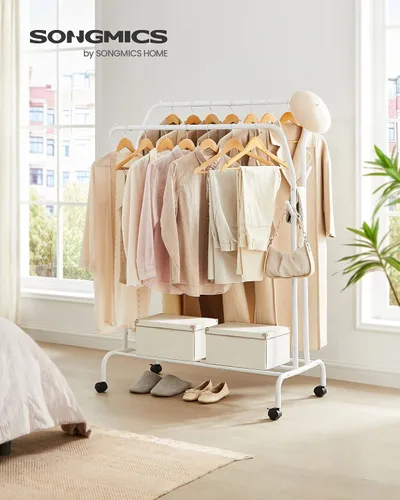 Vista 2 de SONGMICS Perchero de ropa de doble barra para colgar ropa con ruedas, perchero de ropa, marco de metal, 220 libras máx. carga total, 40.7 pulgadas