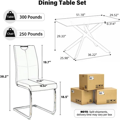 Vista 2 de Juego de Mesa de Comedor de 5 Piezas para 4, Mesa Rectangular Moderna de Vidrio con 4 Sillas Tapizadas de Cuero, Muebles de Comedor que Ahorran