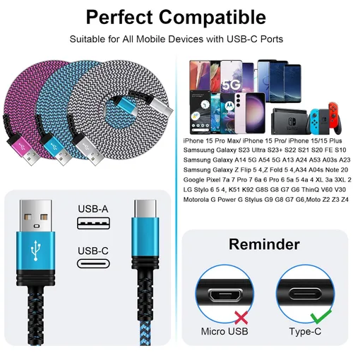 Vista 5 de Cable cargador USB C de 6 pies/paquete de 3 para iPhone 17 16e/16/16 Pro/16 Pro Max/16 Plus, 15/15 Pro/15 Pro Max/15 Plus, cable USB tipo C de 3.1A