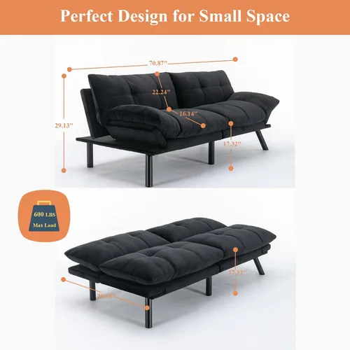 Vista 6 de Anwick Sofá cama futón convertible de terciopelo, sofá cama de 71 pulgadas con respaldo ajustable, moderno sofá biplaza para sala de estar compacta
