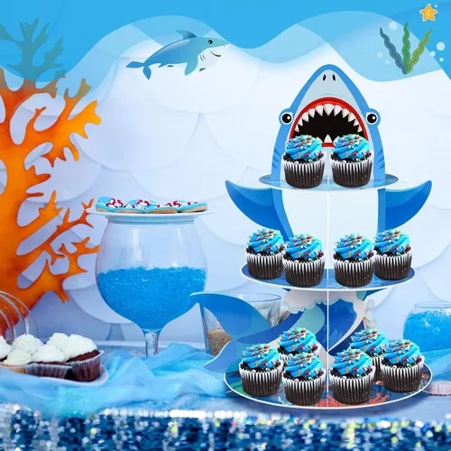Vista 5 de Zopeal Soporte de 3 niveles para cupcakes con temática de tiburón, tiburón