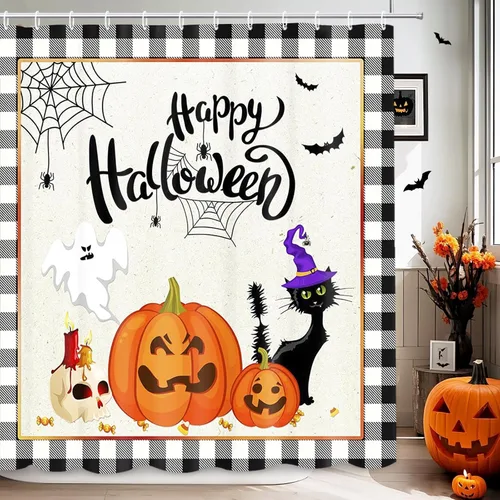 Vista 9 de MEHOFOND Cortina de ducha de murciélagos espeluznantes para Halloween, diseño de murciélago volador, cortina de baño decorativa de Halloween