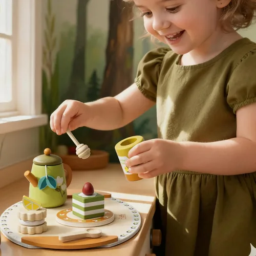 Vista 2 de Juego de té de madera para niños pequeños, juguetes de fiesta de té de simulación para niños de 3 a 5 años, regalo para niñas y niños