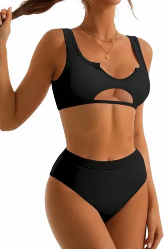 Vista 2 de SUUKSESS - Conjunto de traje de baño de bikini con recortes para mujer, push up, cintura alta, 2 piezas