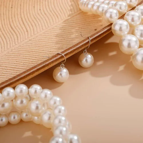 Vista 6 de Wiwpar 3 piezas de collar de perlas de gran capa para mujer, collar de perlas gruesas, pulsera y aretes, juego de joyas de los años 20, collar