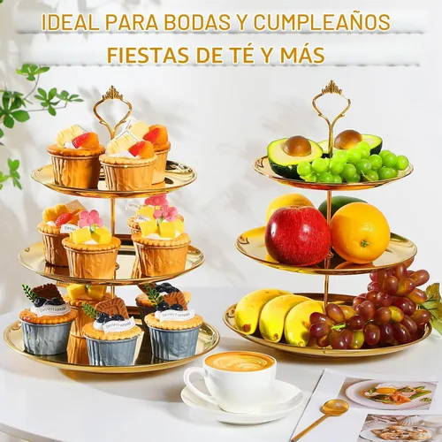 Vista 3 de Yaomiao Juego de 2 bandejas doradas de 3 niveles para servir con base de acero inoxidable para cupcakes, soporte para mesa de postre, juego