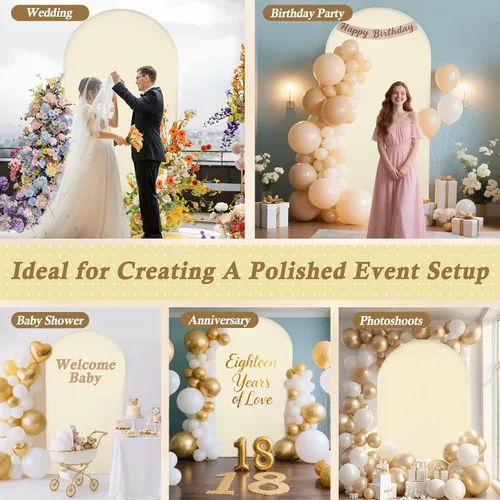 Vista 5 de Cubierta de fondo de arco de 7.2 pies, cubierta de arco de elastano beige, cubierta de soporte elástica con herramientas de atar globos para boda