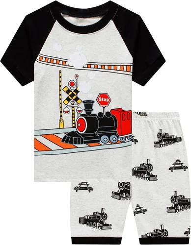 Vista 21 de Popshion Pijamas cortas de 2 piezas para niños pequeños, ropa de dormir de tiburón de tren, 100% algodón, pijamas de dinosaurio para niños pequeños